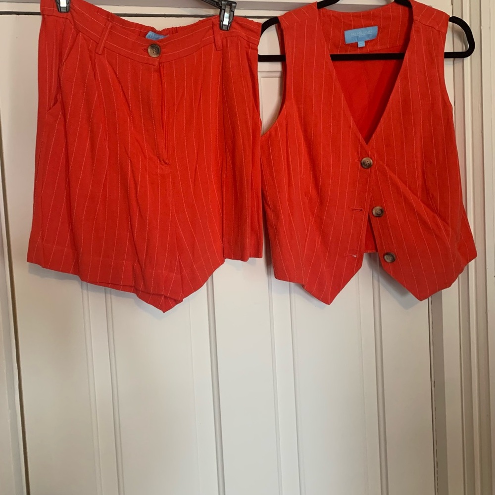 Draper James Red Pinstriped High Waist Shorts and Vest Set